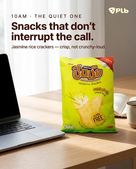 Card 2: 10 am, the quiet one. Snacks that don't interrupt the call.