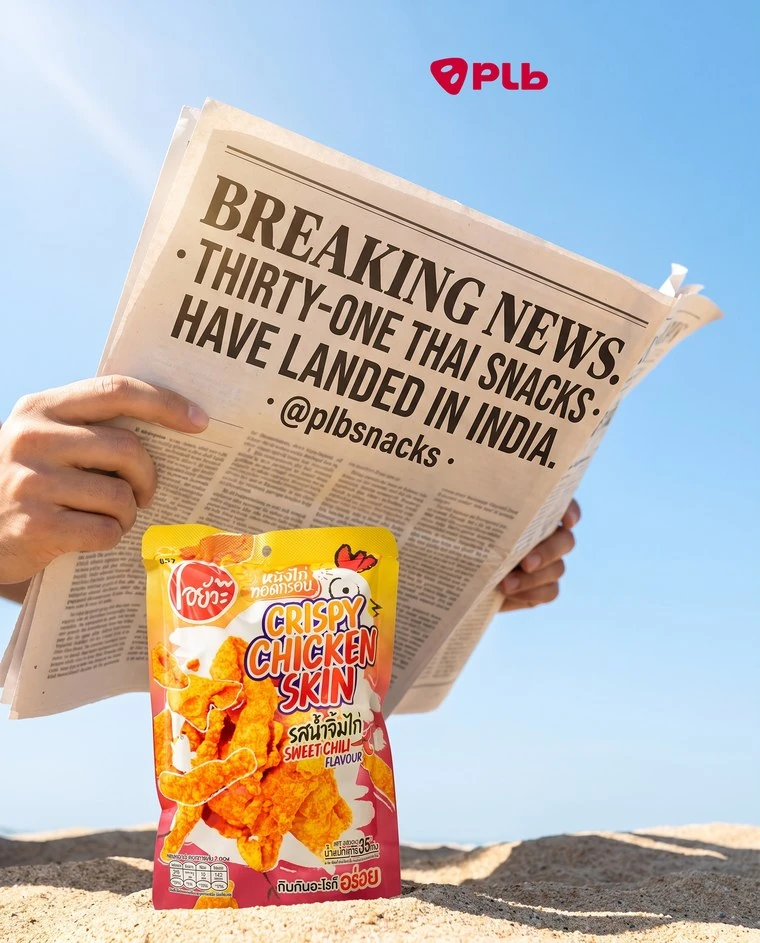 A breaking-news style ad announcing thirty-one Thai snacks have landed in India, with a pack of crispy chicken skin