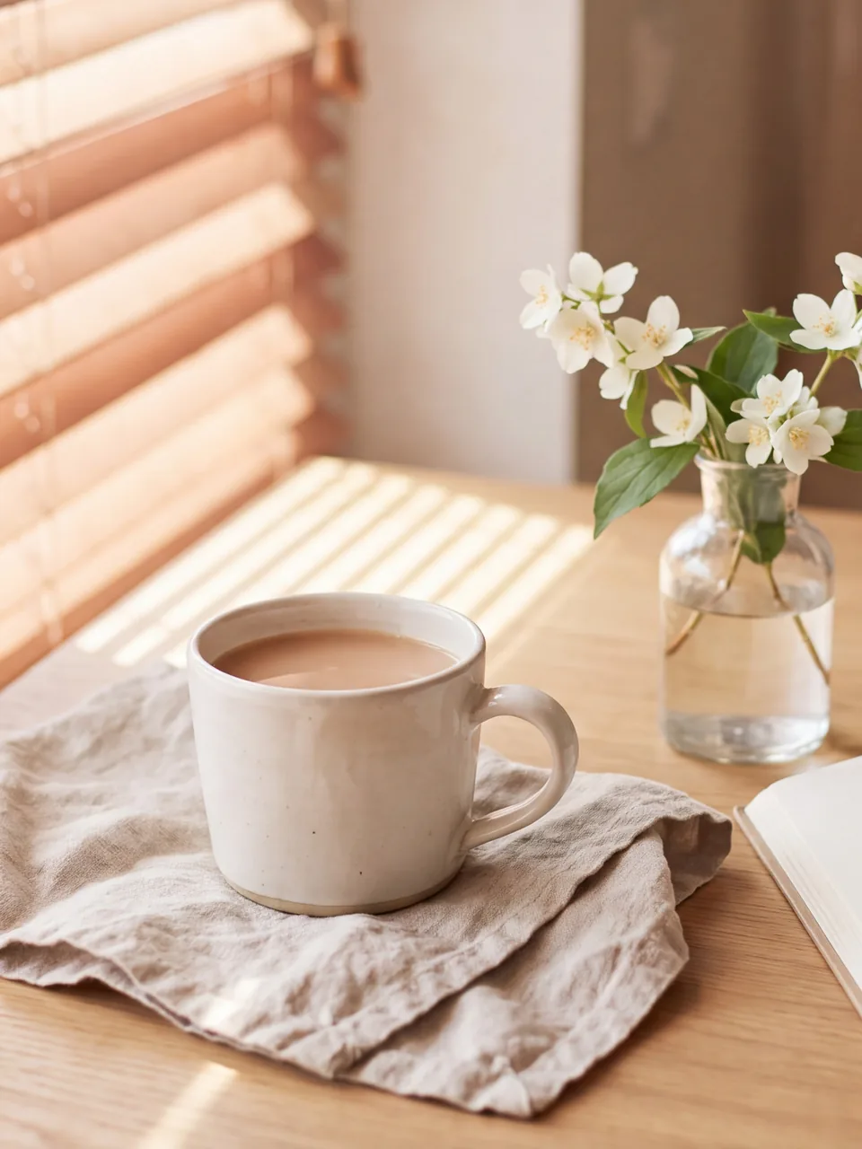 Window light: a cup of tea on linen in soft morning light
