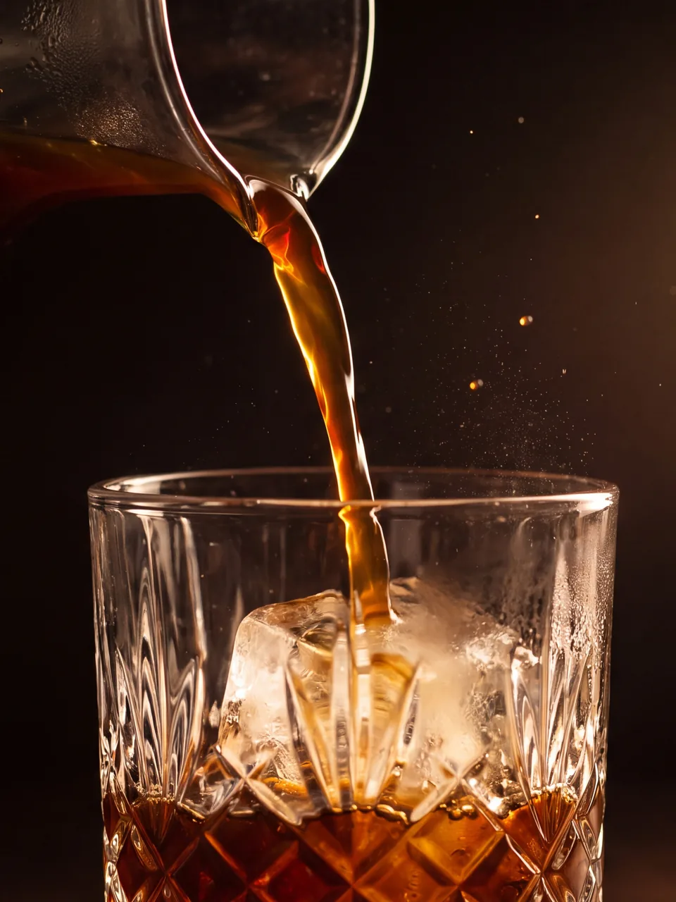 Low-key cinematic: a slow pour over ice in a beam of warm light