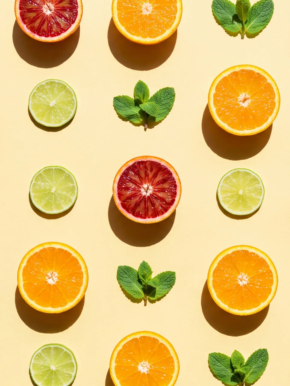 Flat-lay: citrus slices and mint in a precise grid