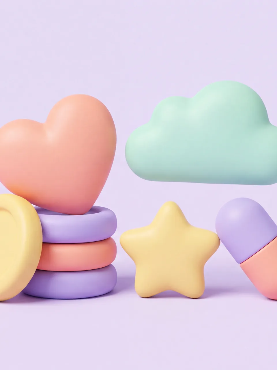 Soft clay 3D: pastel inflated shapes in gentle light