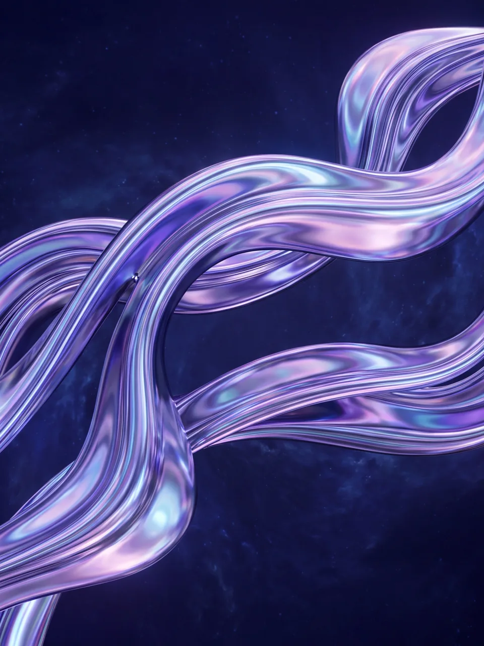 Liquid chrome: iridescent ribbons floating in deep blue