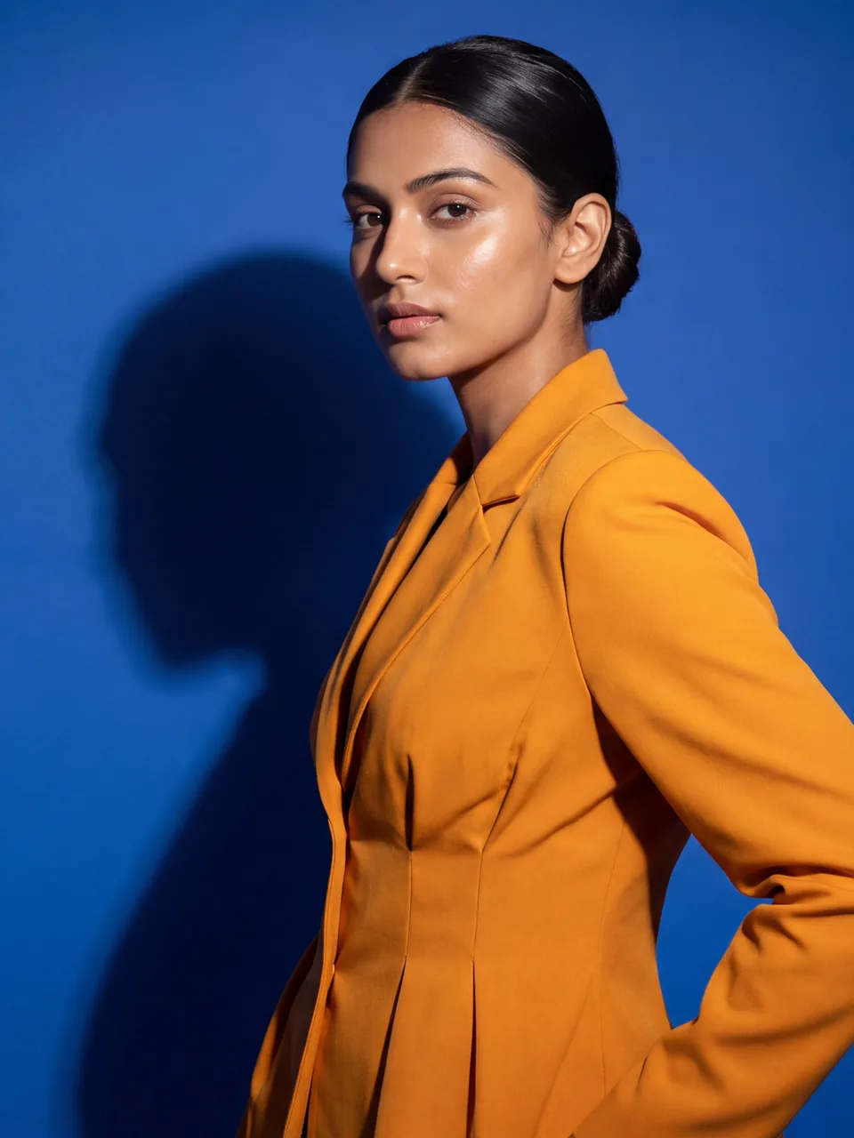 Editorial portrait: a model in a mustard blazer on blue