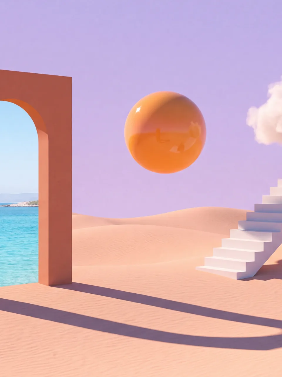 Dreamlike surreal: an arch and a floating sphere on a pink dune