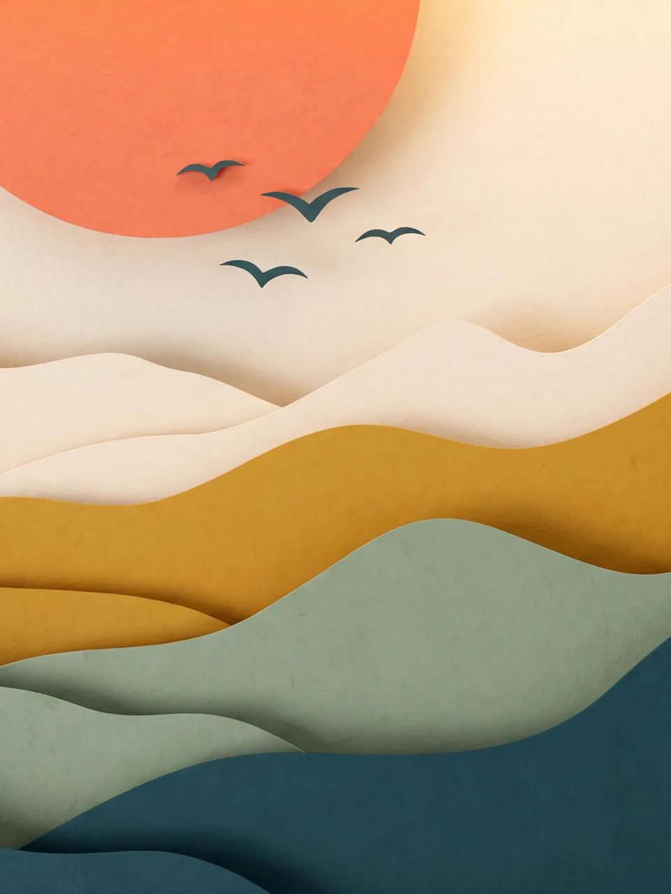 Paper-cut craft: layered paper hills under a paper sun