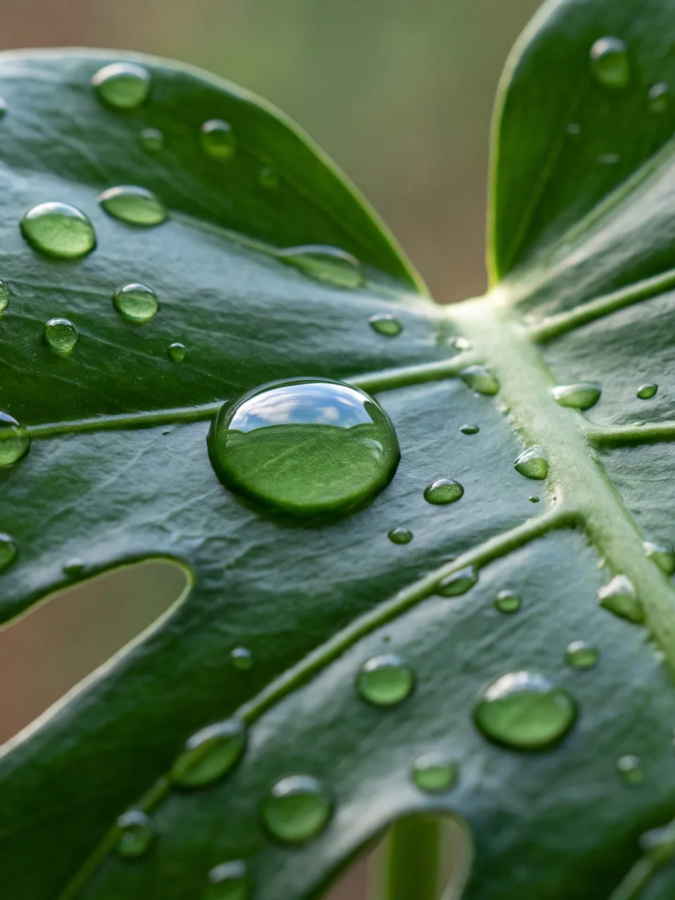 Botanical macro: water drops on a monstera leaf