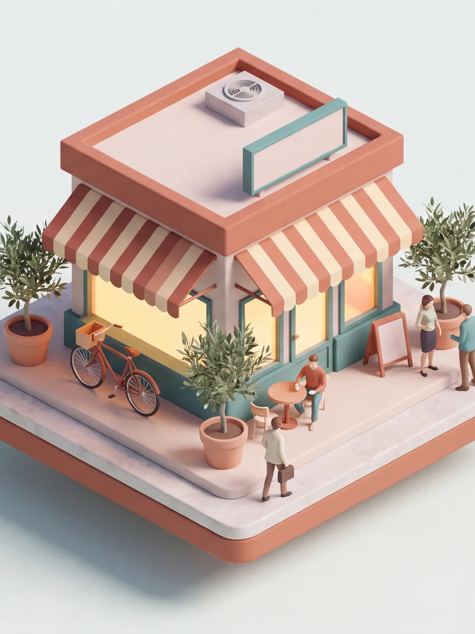 Isometric miniature: a tiny cafe seen from above