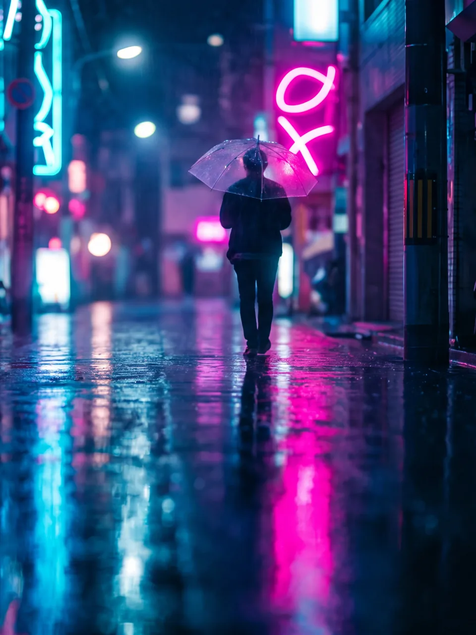 Neon night: rain and neon reflections in an alley