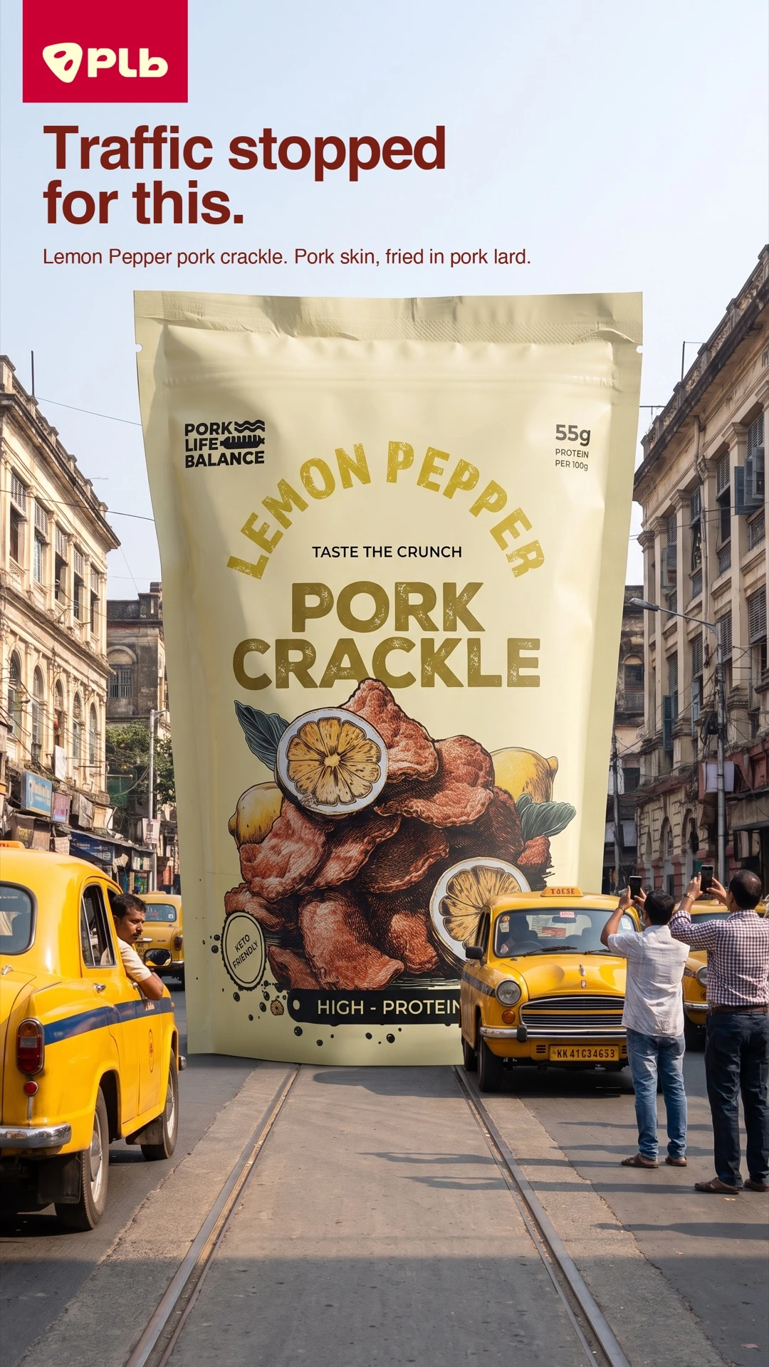 PLB Snacks post: a giant Lemon Pepper pork crackle pack stops traffic on a city street.