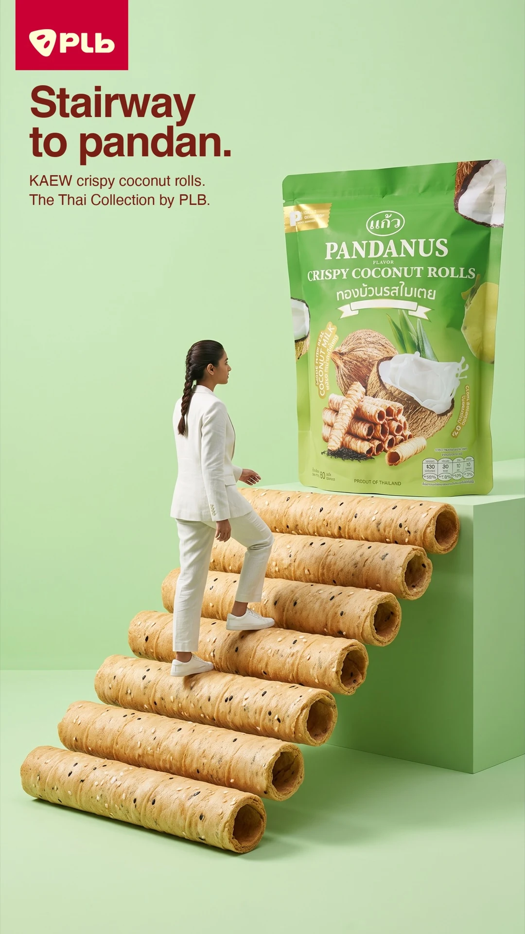 PLB Snacks post: KAEW coconut rolls stacked into a staircase.