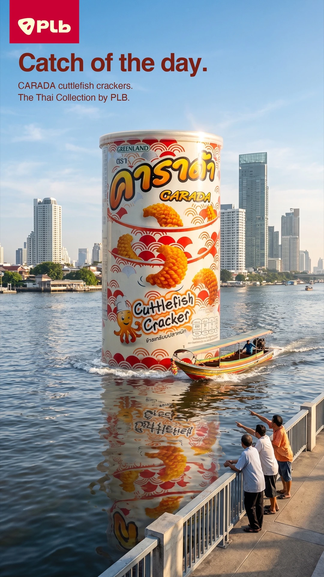 PLB Snacks post: a giant tub of CARADA cuttlefish crackers on a harbour.